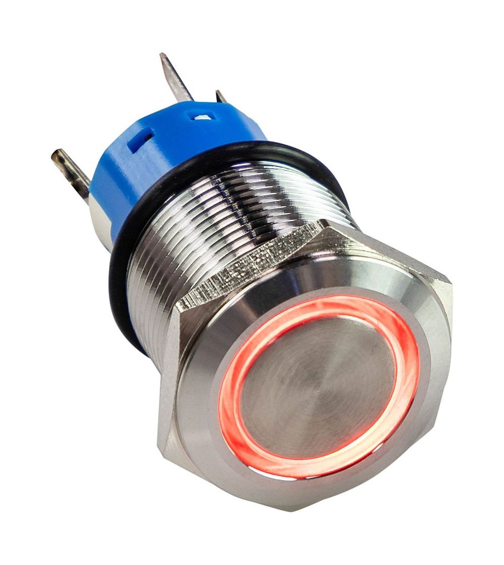Кнопка с фиксацией, подсветка красная 12 В 5 А, 19мм