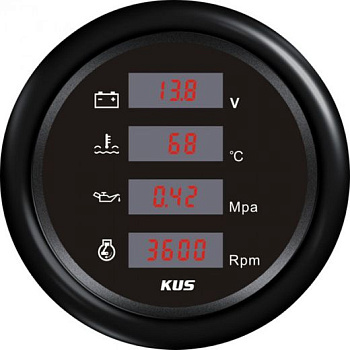Картинка: прибор многофункциональный 4 в 1 (тахометр, вольтметр, давление, температура), черный циферблат